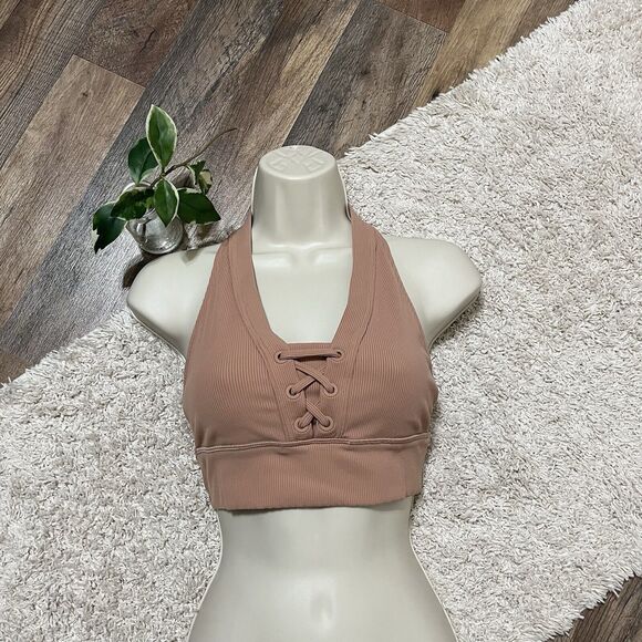 Offline by Aerie Brown Ribbed Knit Lace Up Longline Extensible Sports Bra - Picture 1 of 5